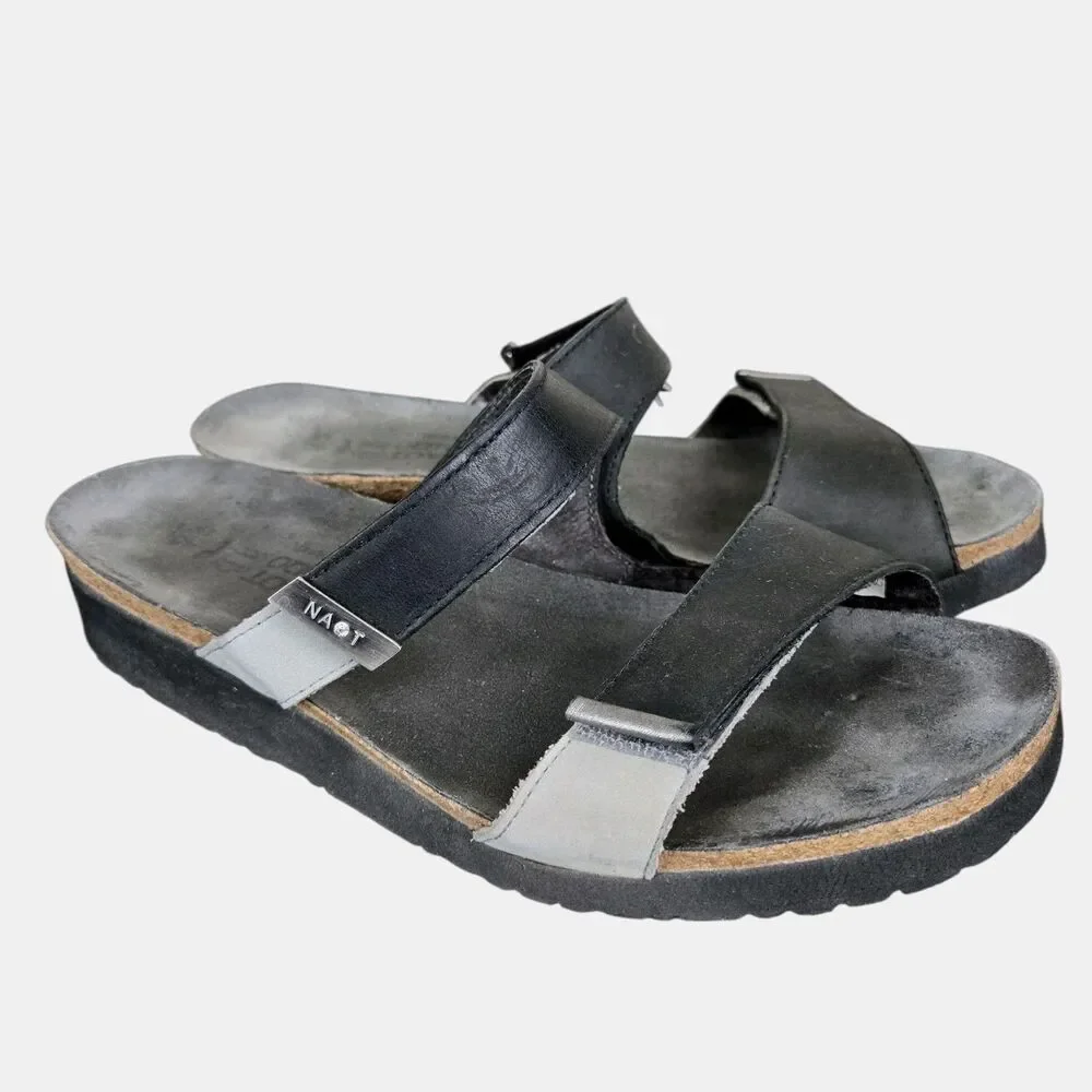 Naot Jacey Wedge Sandals Sz 40 US 9 Wide Black Gray Straps Two Tone Comfort